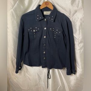 Plus Size y2k Black Denim Jean Jacket Rhinestone Studded Lace Up Corset Back
